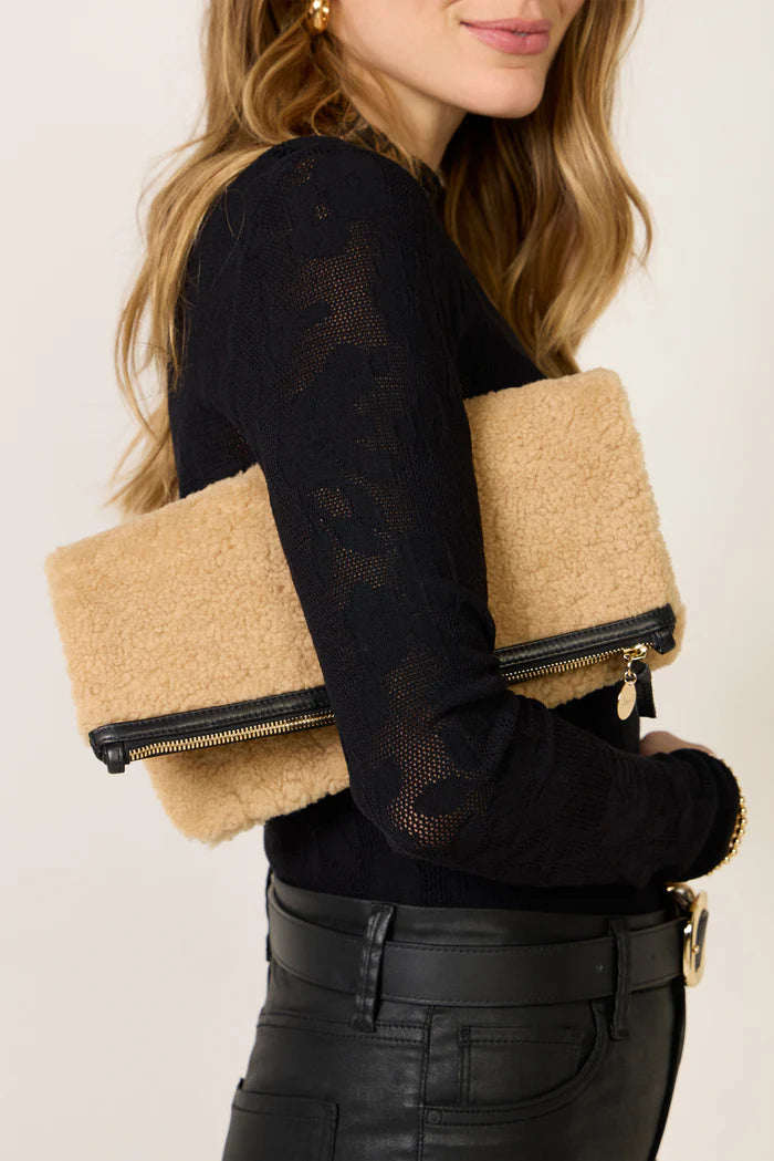 Clare V - Foldover Clutch - Cafe Au Lait Shearling