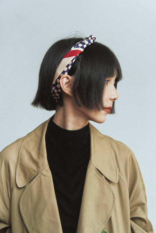 "Checkerboard" Silk Twill Skinny Scarf - Blue