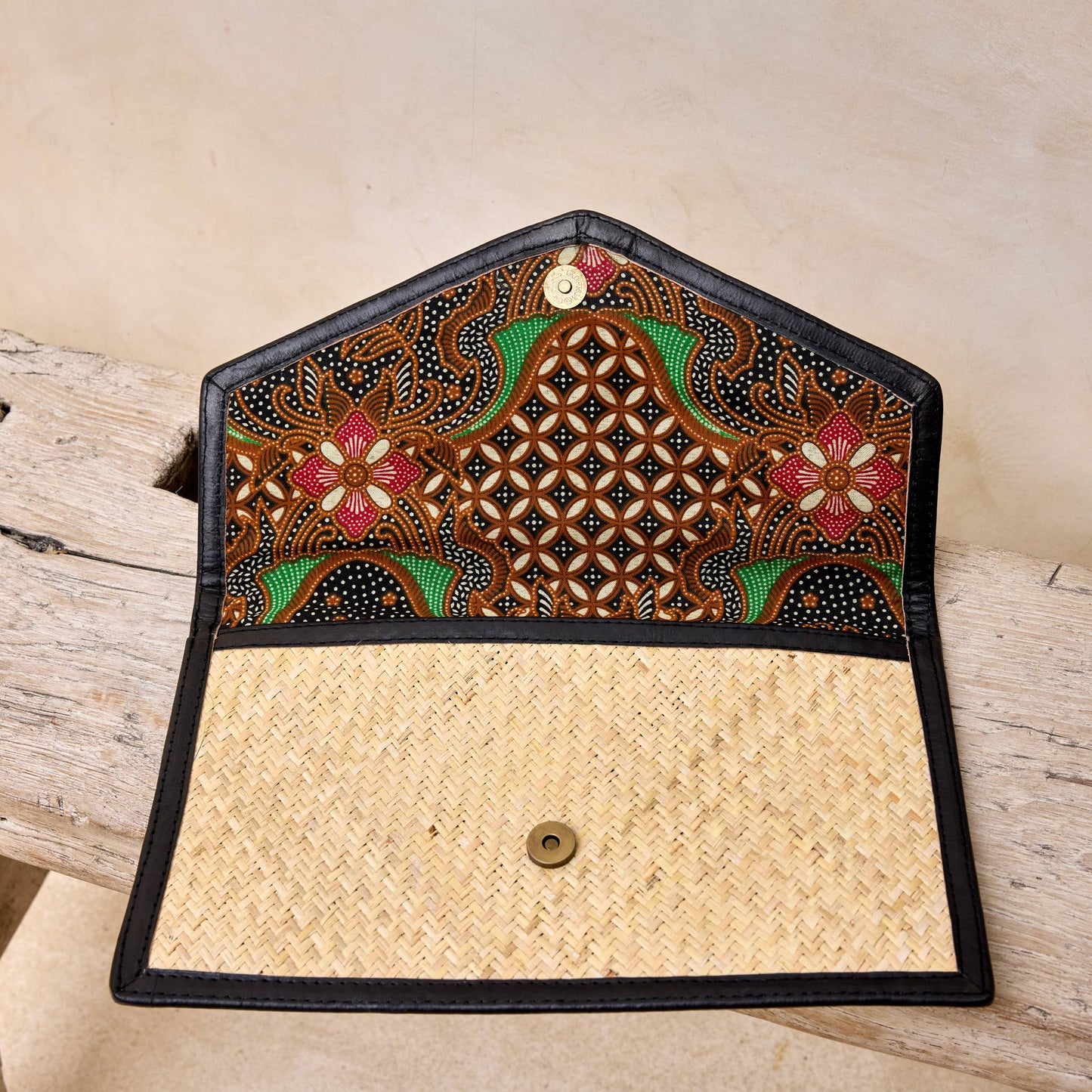 Ivory Rattan Clutch with Black Leather Trim