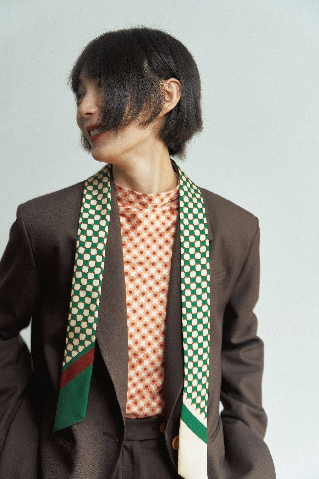 "Checkerboard" Silk Twill Skinny Scarf - Green