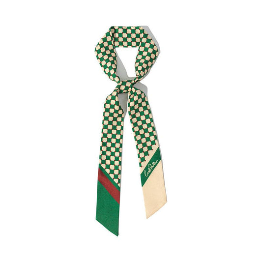 "Checkerboard" Silk Twill Skinny Scarf - Green