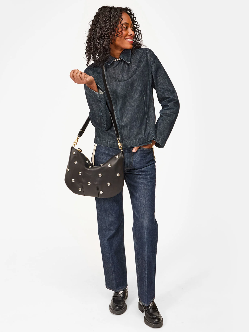 Clare V Moyen Messenger - black with studs