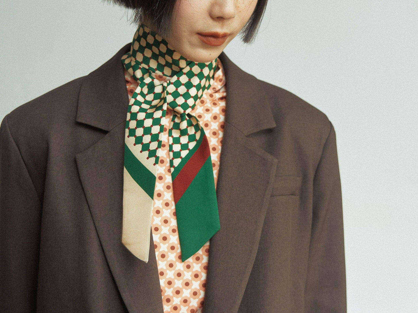 "Checkerboard" Silk Twill Skinny Scarf - Green