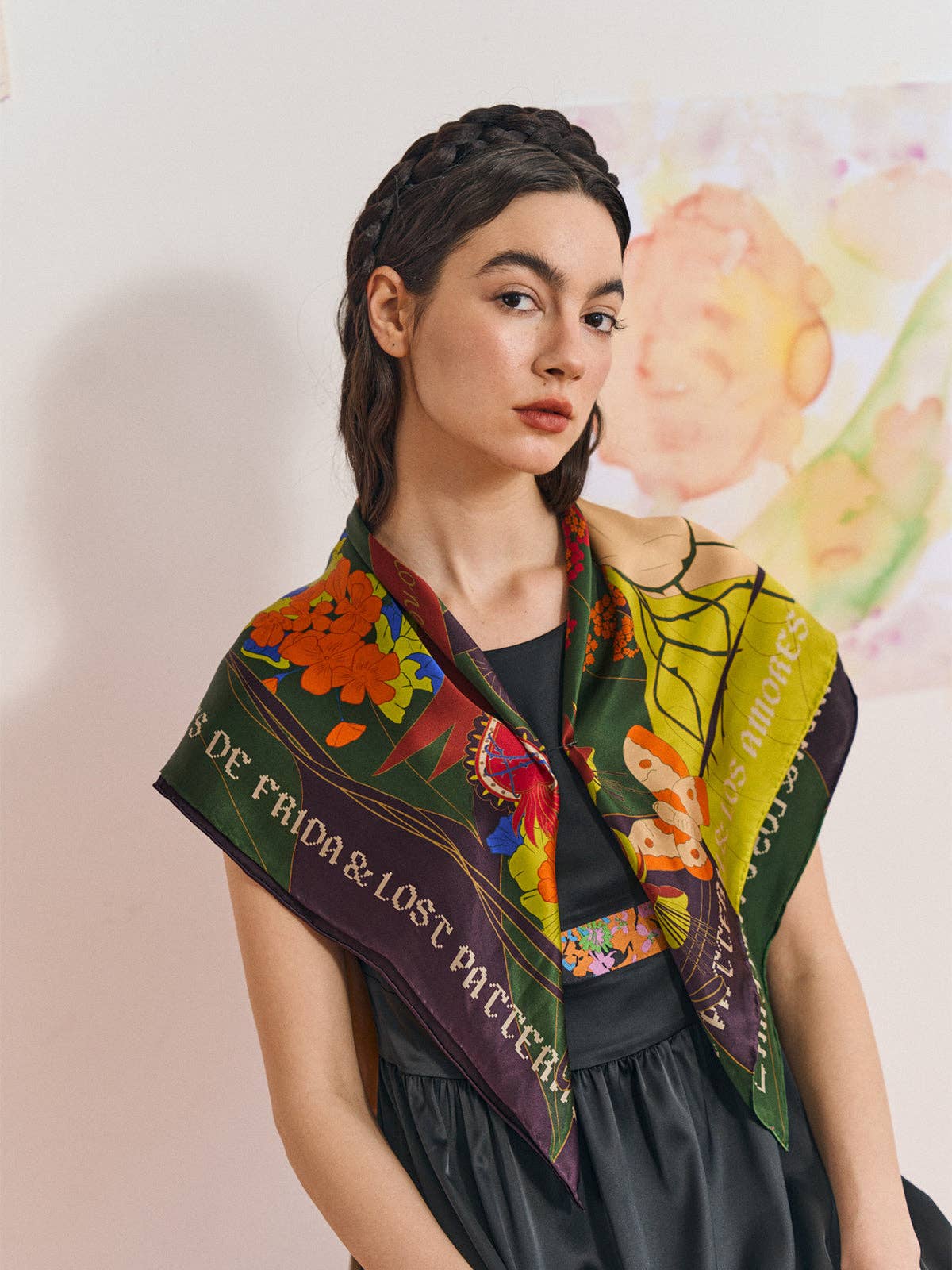 FRIDA x LOST PATTERN "Los Amores de Frida" Large Silk Scarf - Dark Green