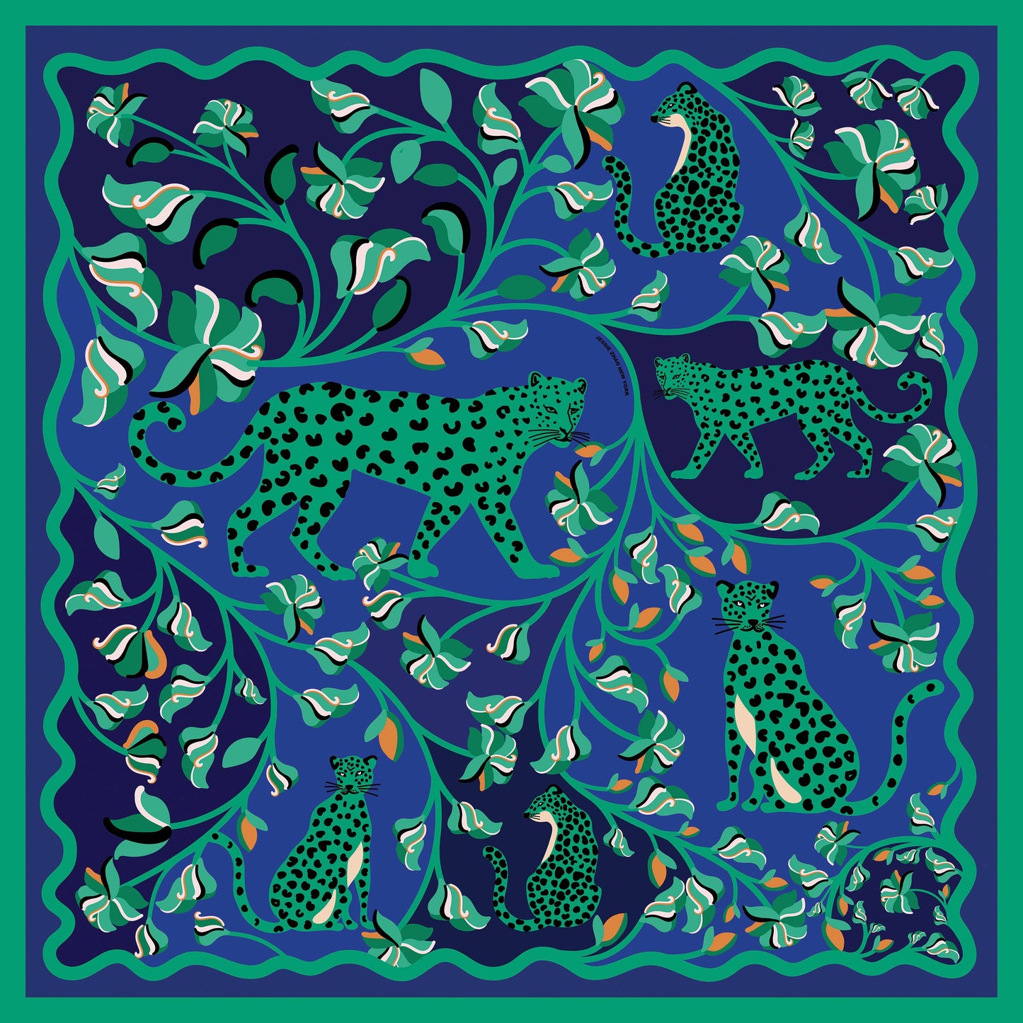 Double Sided Silk Scarf Of Leopards In The Verdant Wild