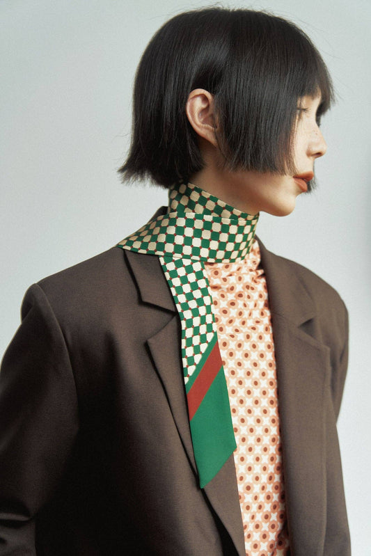 "Checkerboard" Silk Twill Skinny Scarf - Green