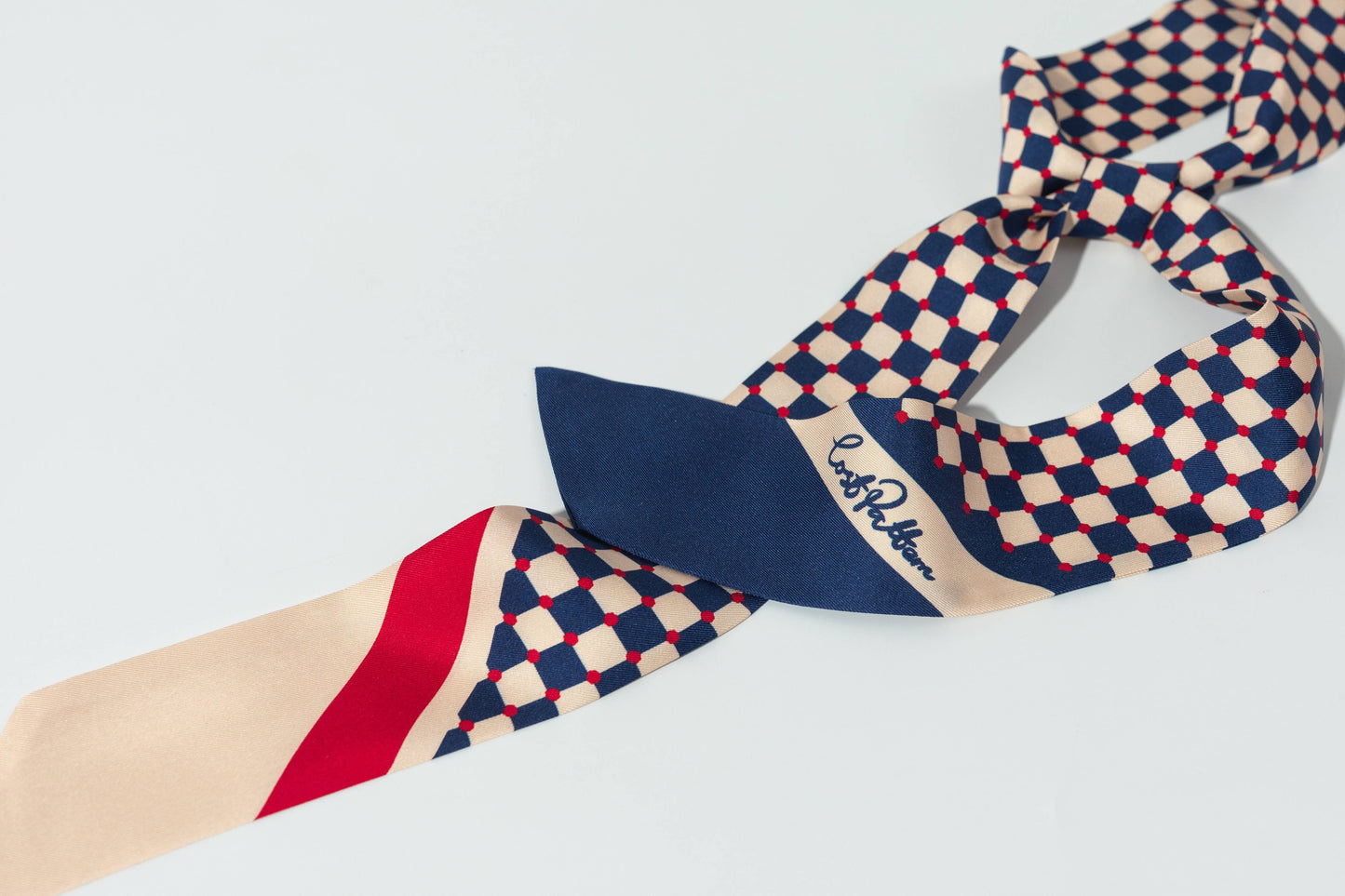 "Checkerboard" Silk Twill Skinny Scarf  - Blue