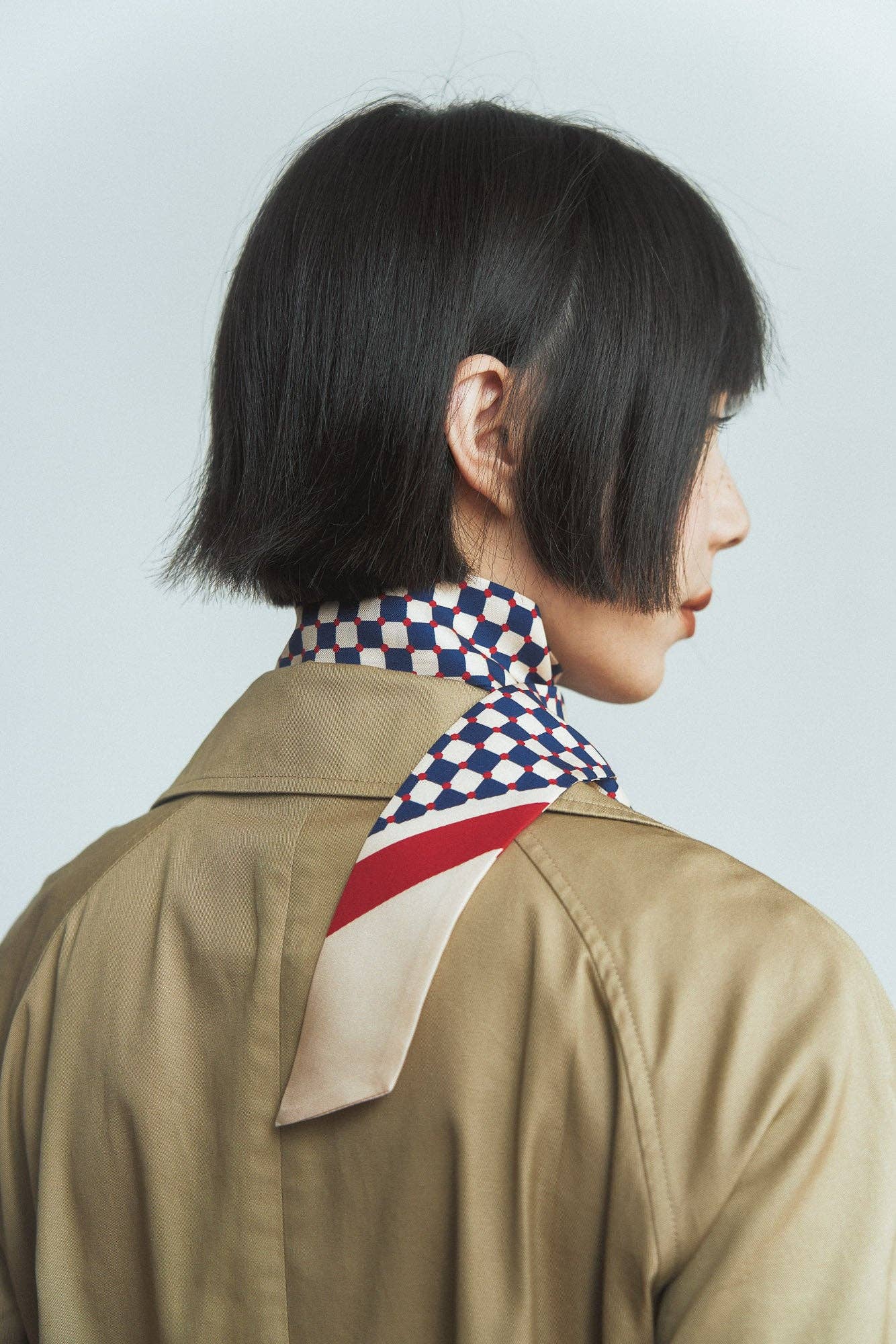 "Checkerboard" Silk Twill Skinny Scarf  - Blue