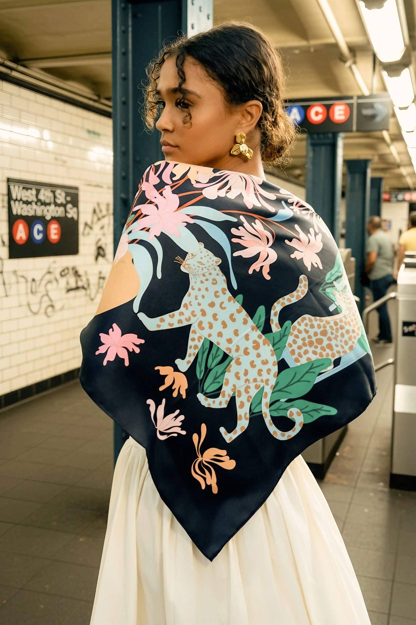 Double Sided Silk Scarf Night Jungle Gathering