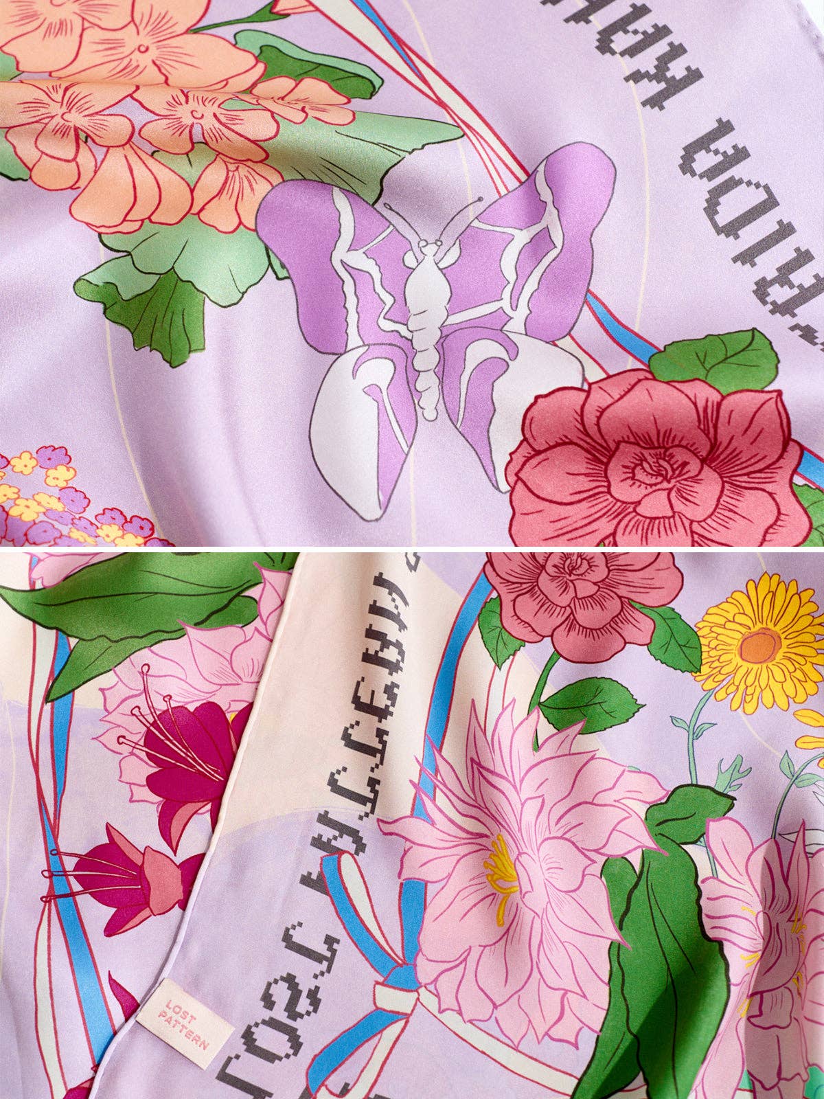 FRIDA x LOST PATTERN "Los Amores de Frida" Large Silk Scarf - Pink & Purple