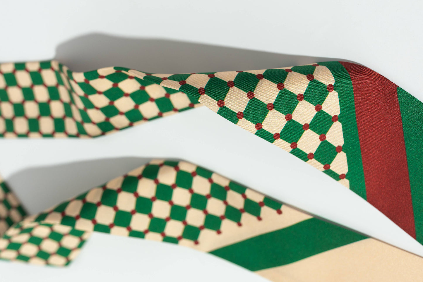 "Checkerboard" Silk Twill Skinny Scarf - Green