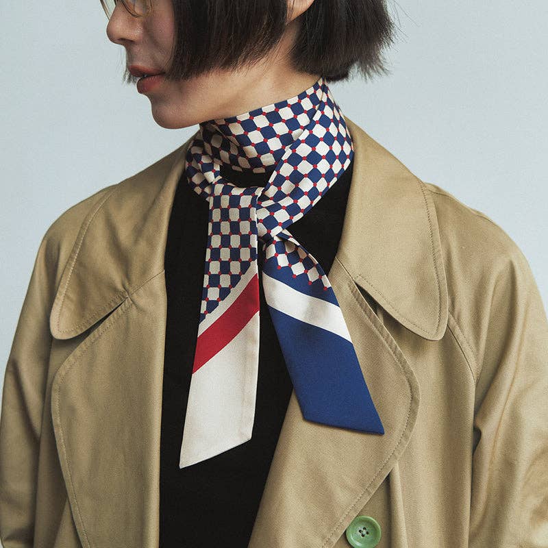 "Checkerboard" Silk Twill Skinny Scarf  - Blue