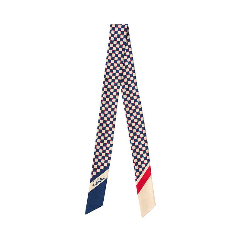"Checkerboard" Silk Twill Skinny Scarf  - Blue