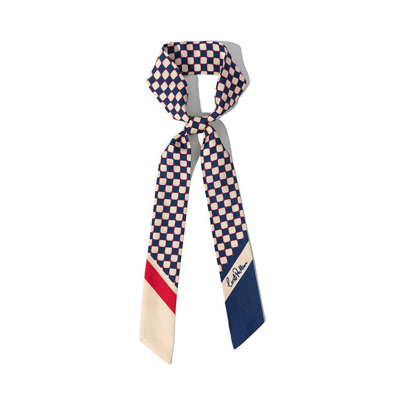 "Checkerboard" Silk Twill Skinny Scarf  - Blue
