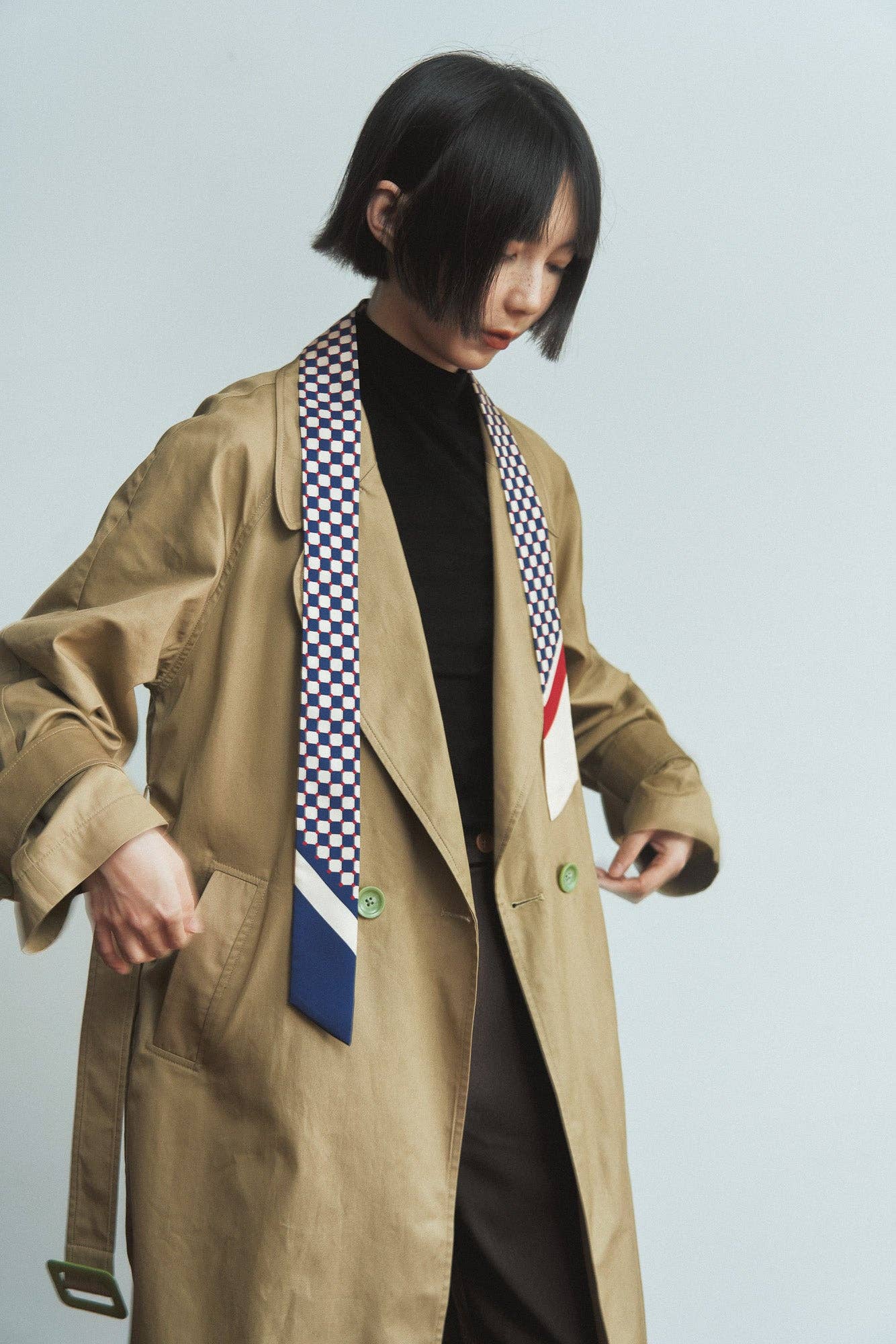 "Checkerboard" Silk Twill Skinny Scarf  - Blue