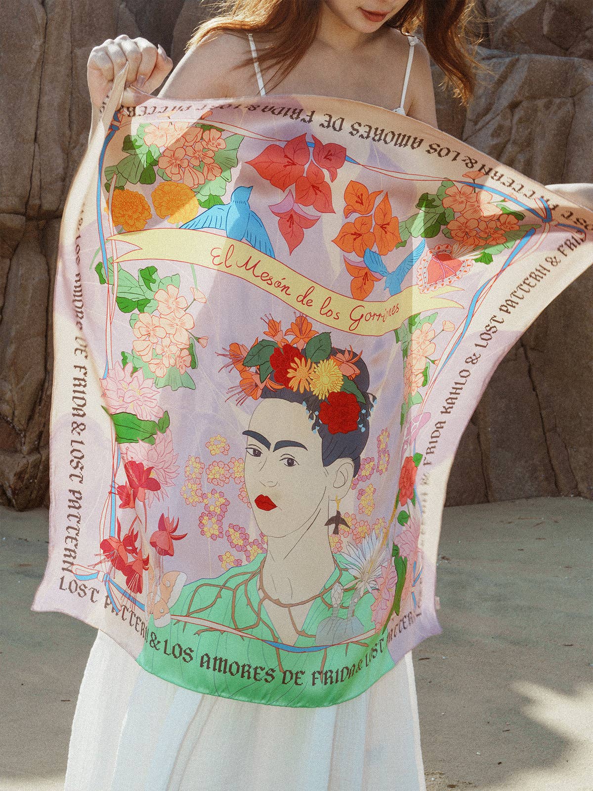 FRIDA x LOST PATTERN "Los Amores de Frida" Large Silk Scarf - Pink & Purple