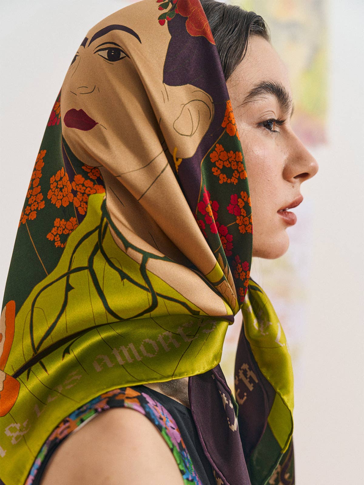 FRIDA x LOST PATTERN "Los Amores de Frida" Large Silk Scarf - Dark Green