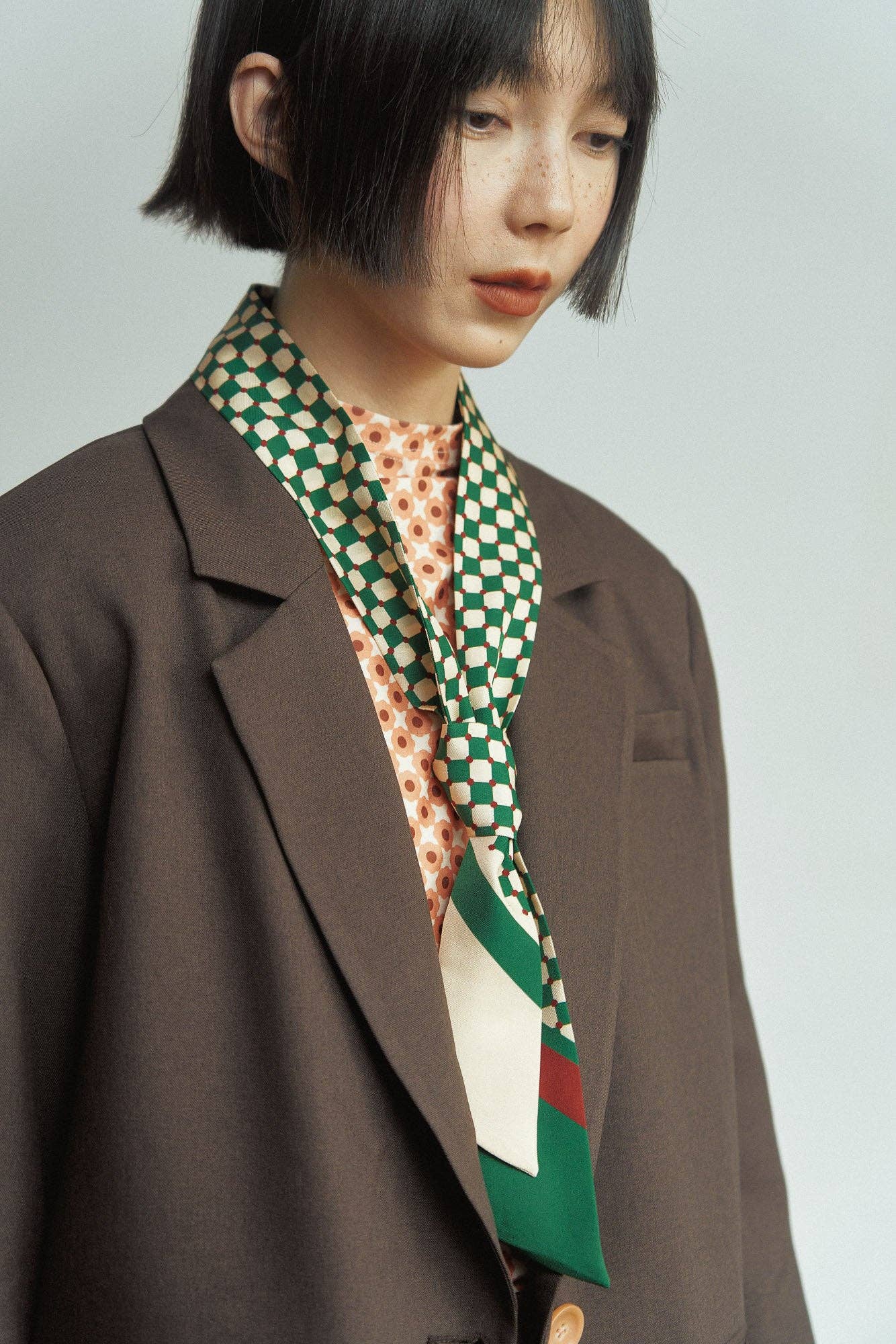 "Checkerboard" Silk Twill Skinny Scarf - Green