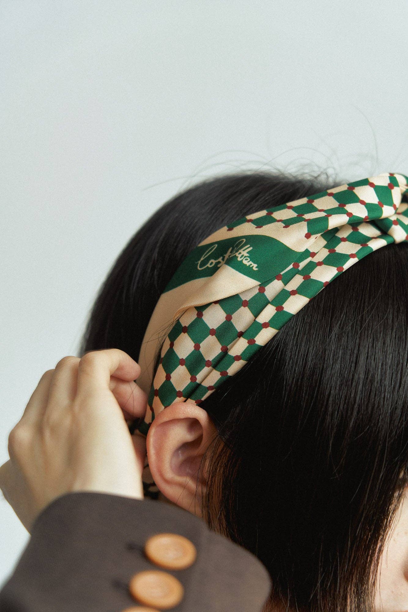 "Checkerboard" Silk Twill Skinny Scarf - Green