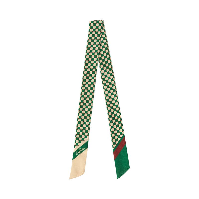 "Checkerboard" Silk Twill Skinny Scarf - Green
