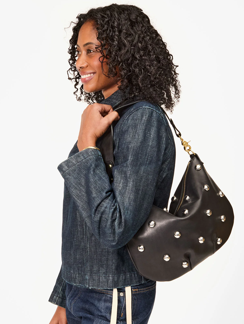 Clare V Moyen Messenger - black with studs